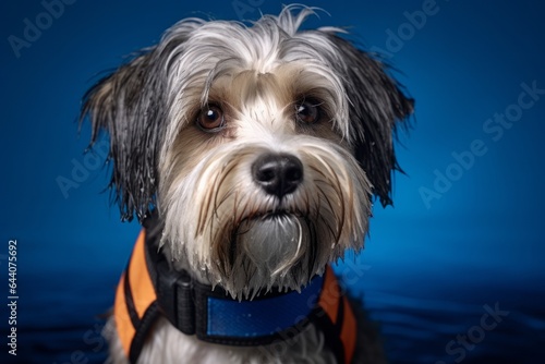 Headshot portrait photography of a cute lowchen dog wearing a swimming vest against a deep indigo background. With generative AI technology © Markus Schröder