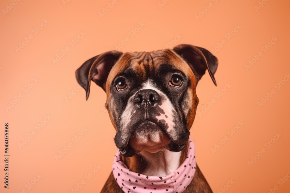 Close-up portrait photography of a funny boxer dog wearing a bandana against a peachy pink background. With generative AI technology