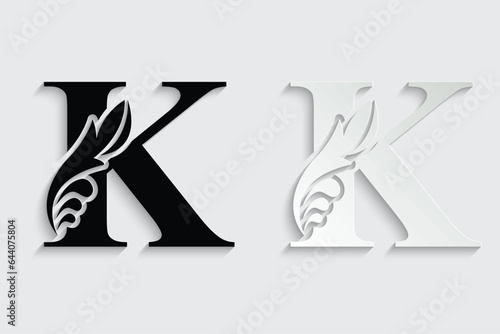 letter K. Black flower alphabet. Beautiful capital letters with shadow	