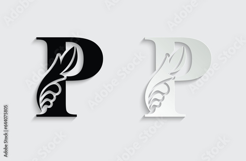 letter P. Black flower alphabet. Beautiful capital letters with shadow 