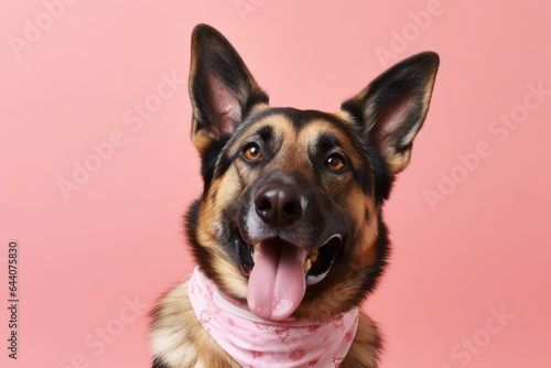 Lifestyle portrait photography of a smiling german shepherd wearing a cooling bandana against a peachy pink background. With generative AI technology