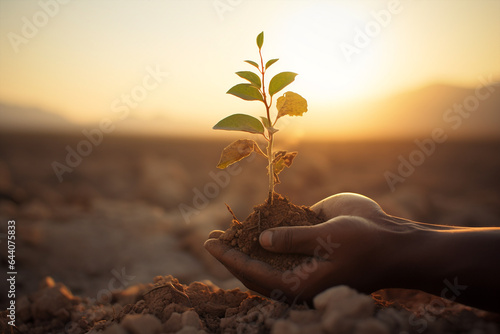 Generative ai hand holding young plant on blur bare nature background