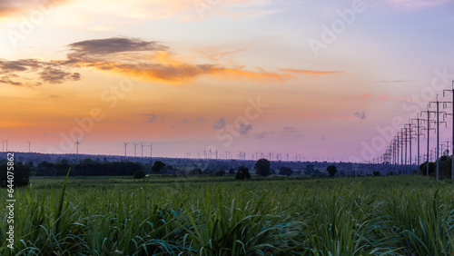 Landscape Panorama of Windmill on a mountain with vast meadows at sunset  beautifully illuminated.