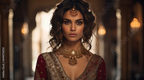 Model with a bohemian bindi, capturing cultural fusion, set in an ornate palace hallway
