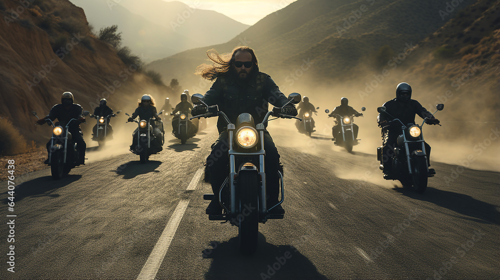 grupo de motociclistas andando de bicicleta esportiva juntos - obrazy, fototapety, plakaty 