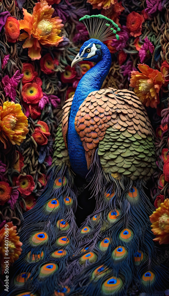 Peacock on a Branch with Fanned Tail Feathers,peacock with feathers