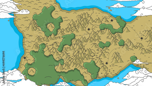 Hand drawn pirate map with terrain and route board game template. Route map of beach bay. Coast, beach, mountains, rivers and roads on children map. Children cartoon vector illustration