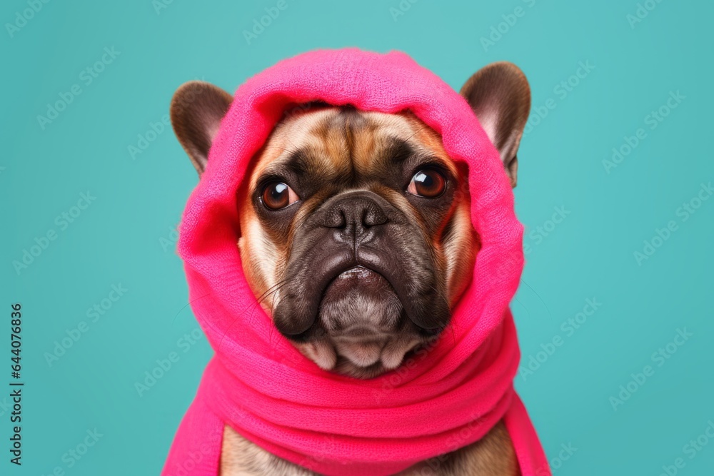 Close-up portrait photography of a funny french bulldog wearing a cooling bandana against a hot pink background. With generative AI technology