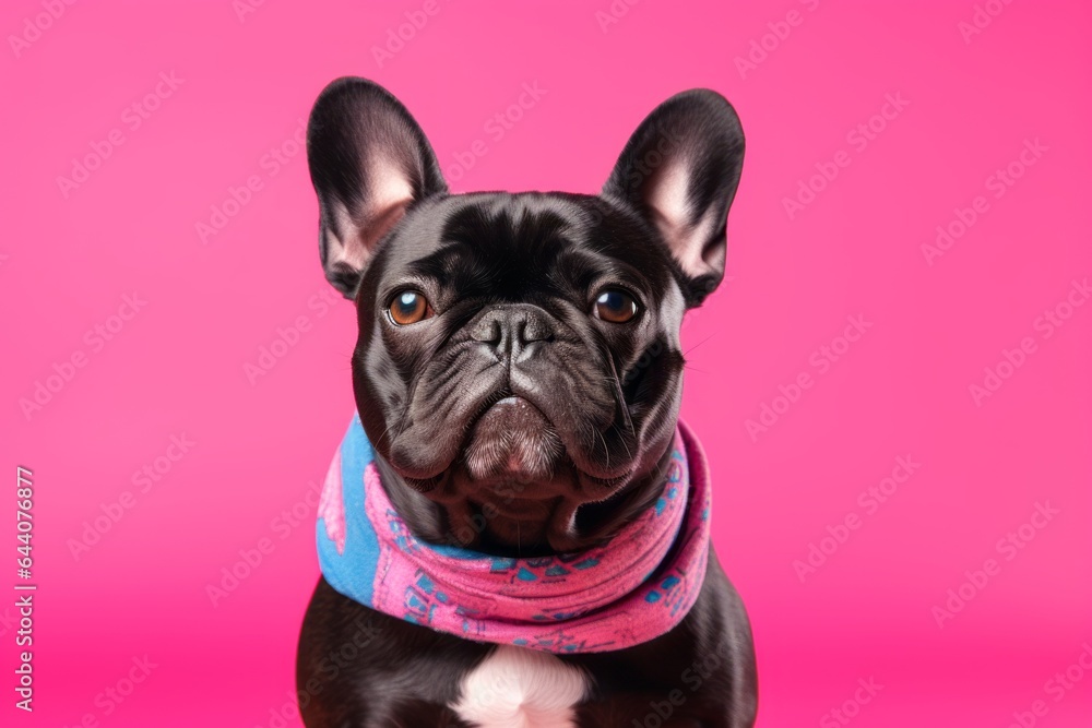 Close-up portrait photography of a funny french bulldog wearing a cooling bandana against a hot pink background. With generative AI technology