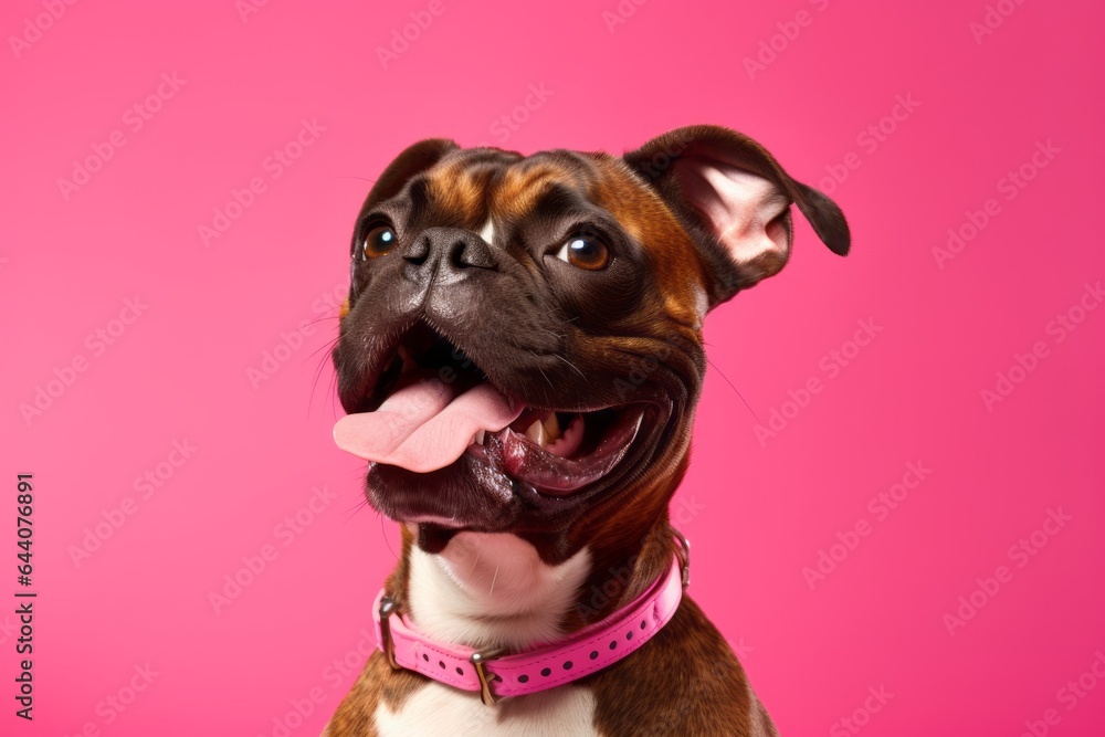 Close-up portrait photography of a happy boxer dog wearing a light-up collar against a hot pink background. With generative AI technology