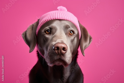 Headshot portrait photography of a smiling labrador retriever wearing a winter hat against a hot pink background. With generative AI technology