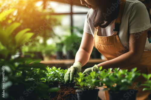 Woman doing gardening work with organic green plant