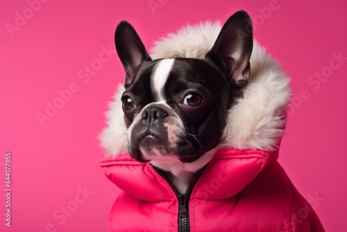 Lifestyle portrait photography of a funny boston terrier wearing a parka against a hot pink background. With generative AI technology © Markus Schröder