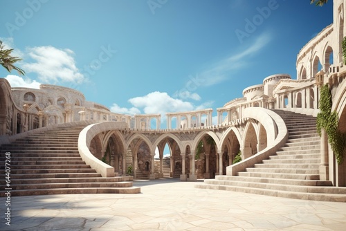 3D architectural render of buildings with stairs, arches, castle, ancient housing against blue sky. Ideal for travel, ads & presentations. Generative AI