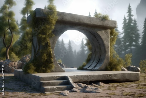 A concrete forest platform with a portal. A 3D animated scene. Generative AI © Valencia