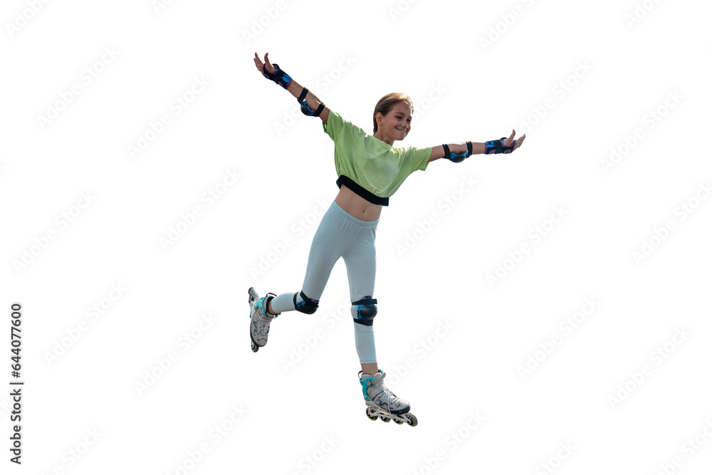 length portrait a smiling girl on rollers skating isolated on white background