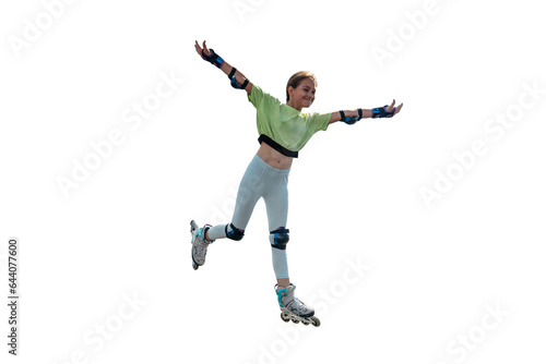 length portrait a smiling girl on rollers skating isolated on white background