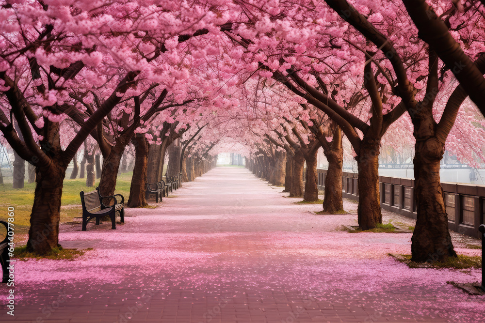 pink sakura trees in park on background pink sakura trees in park on background
