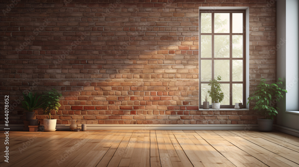 A 3D rendering of a loft-style room, complete with a large window, sleek wooden flooring, and a chic brick wall in a contemporary setting.. A 3D rendering of a loft-style room, complete with a large window, sleek wooden flooring, and a chic brick wall in a contemporary setting..
