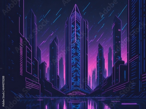 Beautiful neon night in a cyberpunk city. Illustration of the futuristic city skyscraper.