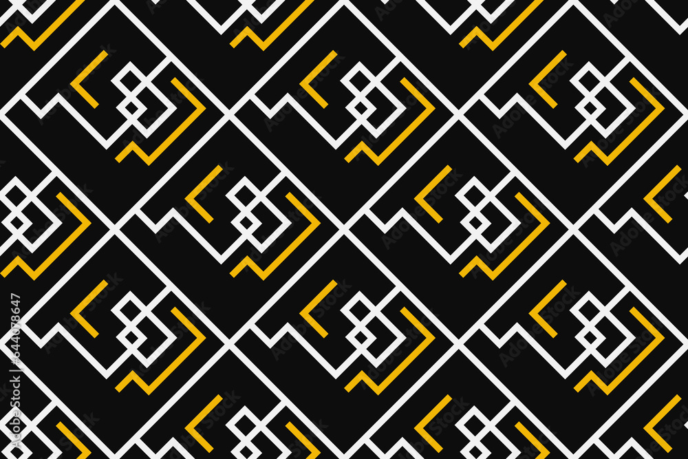 Abstract geometric pattern with lines, rhombuses A seamless vector background. Blue-black and gold texture