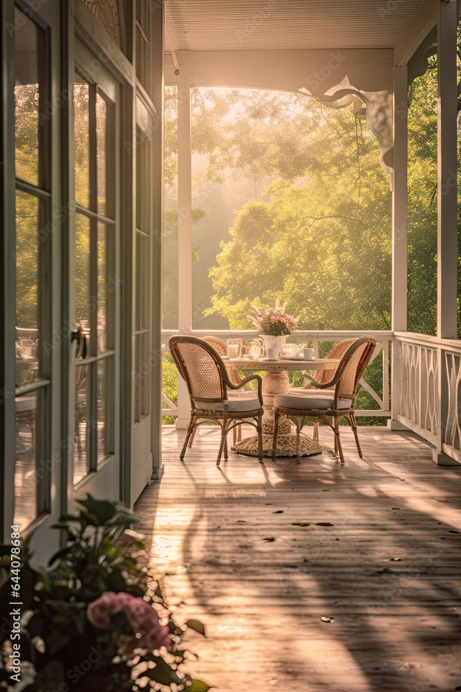 Porch with a Garden View,table and chairs in a garden,terrace with flowers