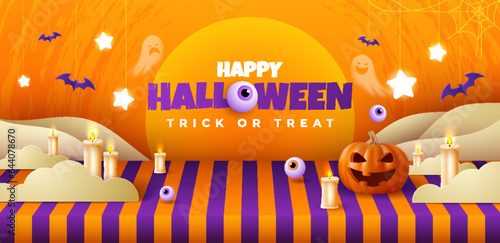 Orange background Halloween banner template, ghostly pumpkin, and spooky elements. Perfect as website background or Halloween themed banner design.