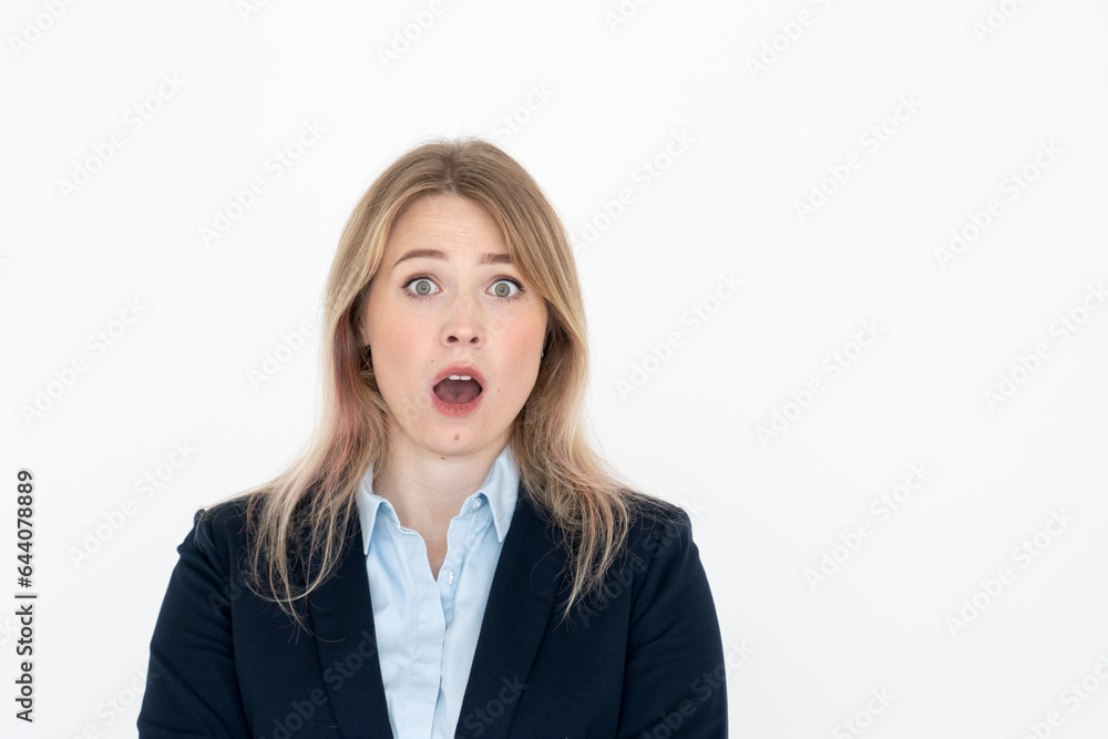 Close-up portrait of excited businesswoman isolated on white background Close-up portrait of excited businesswoman isolated on white background