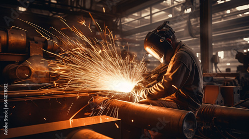 Inside a Heavy Industry Engineering Factory: A Worker Operates an Angle Grinder on a Metal Tube