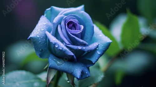 Beautiful blue rose on blurred background, close-up. Space for text. Mother's day concept with a space for a text. Valentine day concept with a copy space.