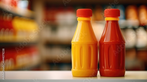 Ketchup and mustard in a supermarket showcase with blurred background