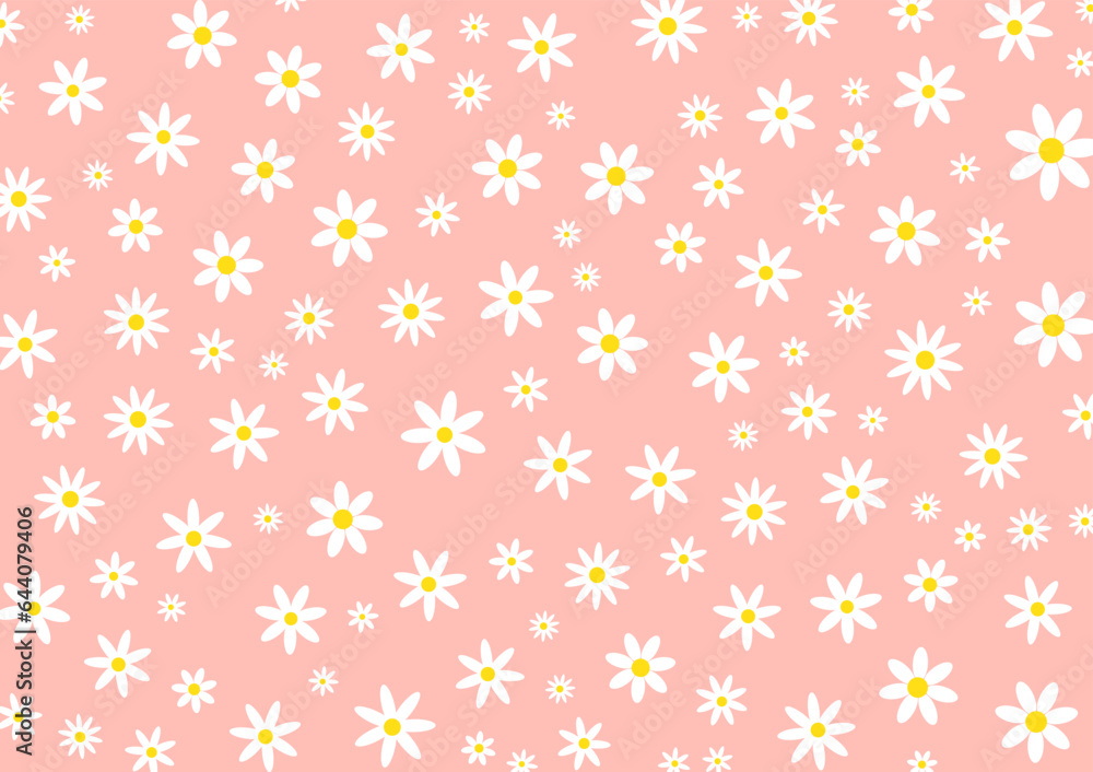 Vector pattern illusration white daisy flowers on a pink background. Pretty floral pattern for print. Flat design vector.