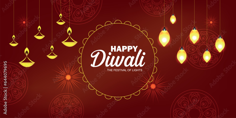 Decorative happy Diwali banner with hanging lights and Diya