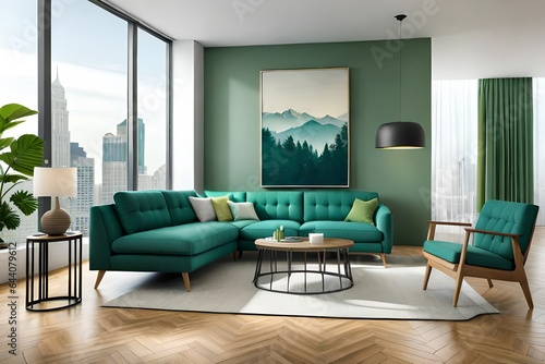 modern living room with blue sofa