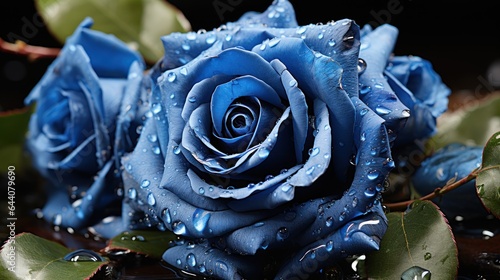 Beautiful blue rose with water drops on black background close-up. Mother's day concept with a space for a text. Valentine day concept with a copy space.