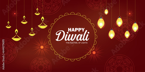 Decorative happy Diwali banner with hanging lights and Diya