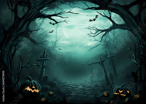 Unheimlicher, geisterhafter Halloween Hintergrund in düsterer Atmosphäre, erstellt mit generativer KI