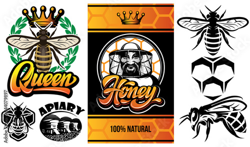 Set of different elements for design label or style. on the theme of beekeeping and honey. Vector illustration