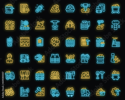 Coal mining icons set outline vector. Industry mine. Factory plant neon color on black