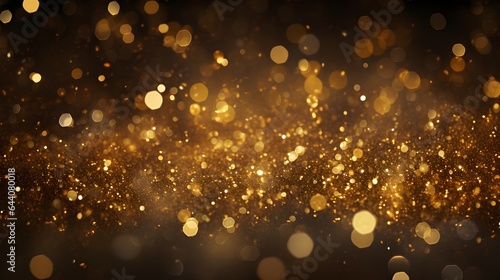 Golden sparkles on the black background. Dark festive backdrop with beautiful metallic confetti and soft bokeh.