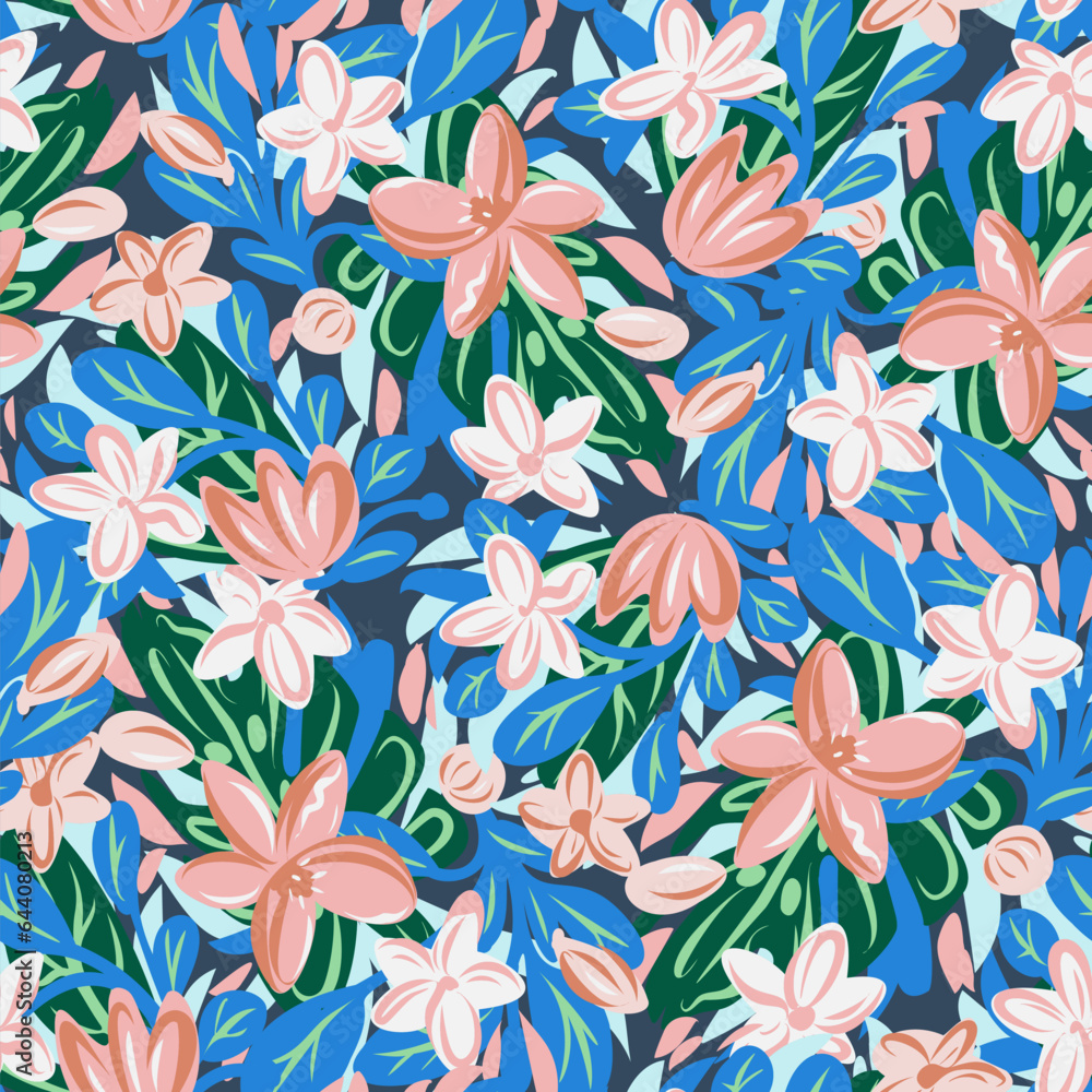 Seamless pattern with bright tropical flowers. Vector illustration