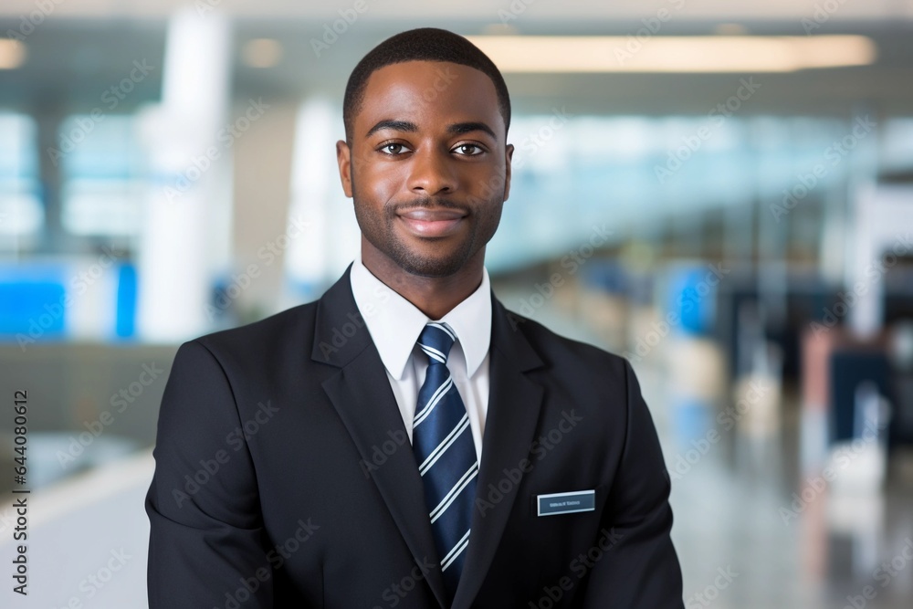 Confident African American male flight attendant in uniform in an airport background, professional flying company wallpaper, Horizontal format 3:2 Confident African American male flight attendant in uniform in an airport background, professional flying company wallpaper, Horizontal format 3:2