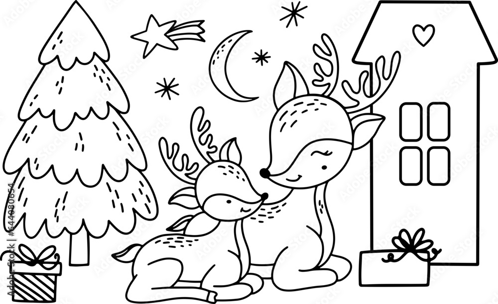 Cute Christmas illustration Coloring book for kids with animals, Winter deer cartoon coloring page, Xmas tree with house outline, Advent calendar for kids