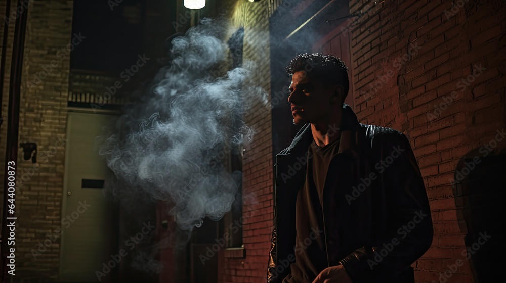 Model leaning against a brick wall in a narrow alley, smoke rising, embodying solitude amidst urban decay