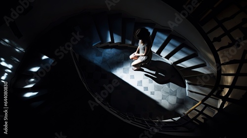 Model beneath a broken staircase, trapped in shadows, emphasizing life's downward spiral
