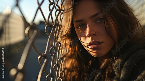 Model behind chain-link fence, emphasizing confinement and hopelessness