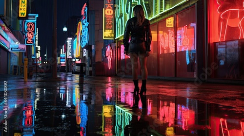 Model on a rain-soaked street, reflections of neon signs suggesting a world of vice photo