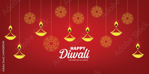 Happy Diwali - festival of lights colourful banner template design with decorative Hanging Diya lamp