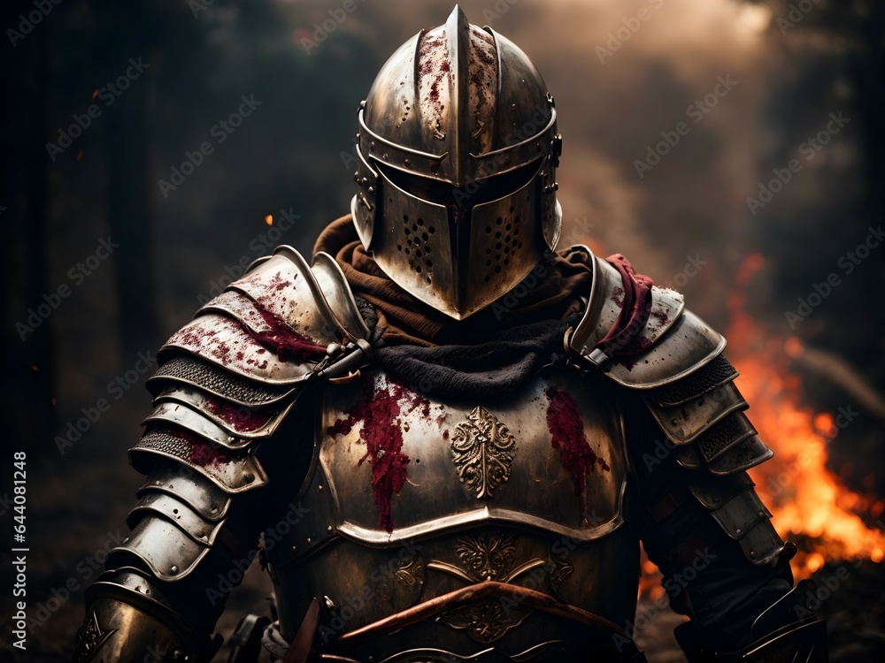 Fototapeta premium Knight in armor on the background of a forest fire. Medieval concept. Generative ai