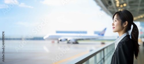 Young Asian female pilot in uniform gazing at airplanes in an airport background isolated on the right side, professional flying company wallpaper, Horizontal format 9:4